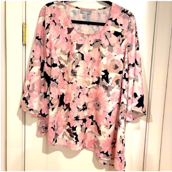Catherines womens three quarter sleeve top asymmetrical hem pink black white - Picture 1 of 10